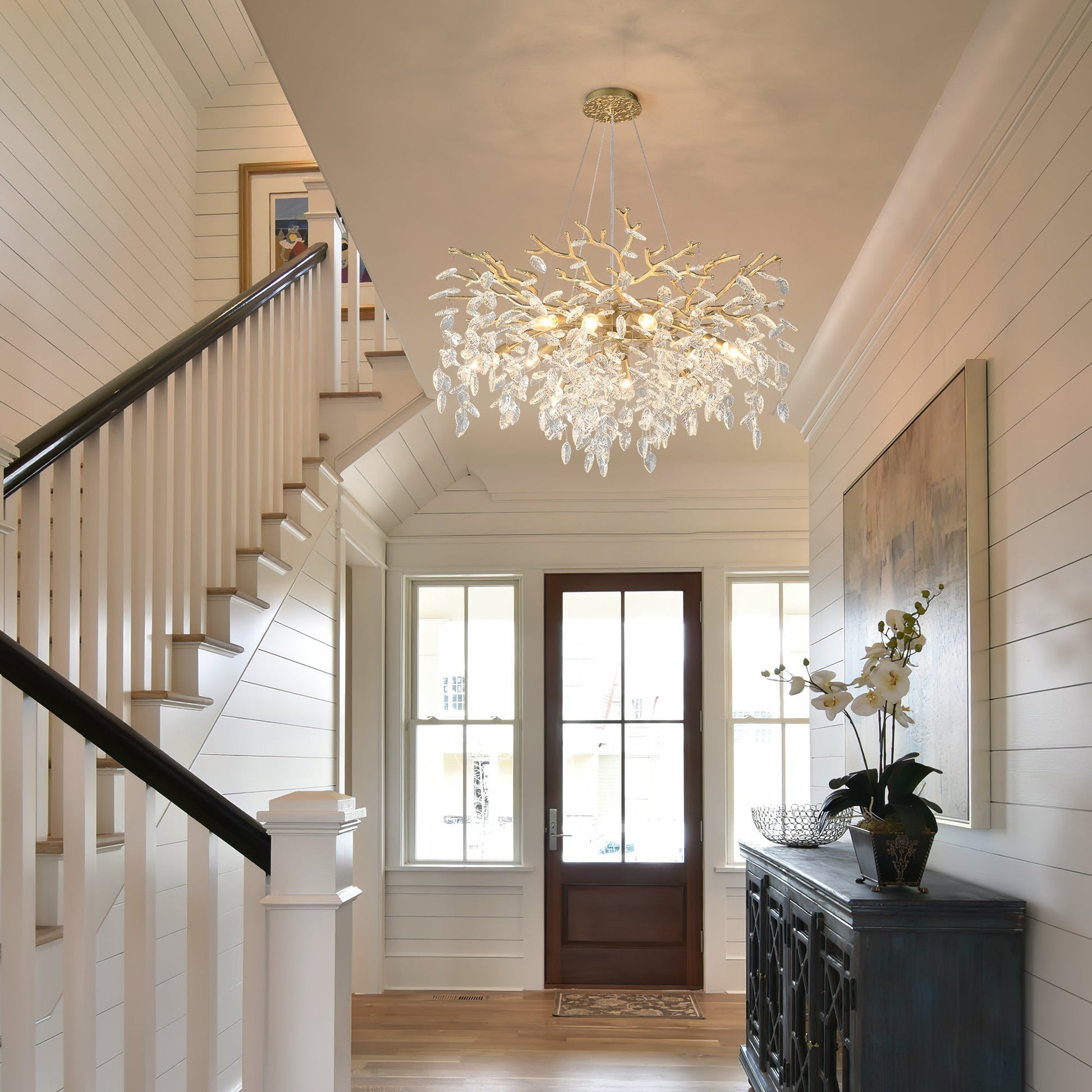 8-Light Crystal Gold Chandelier with crystal leaves and gold branches for dining room on Tampa Home & Garden Store