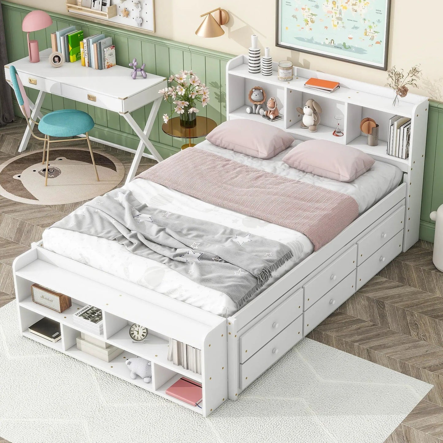 Bed With Bookcase Headboard and Under Bed Storage