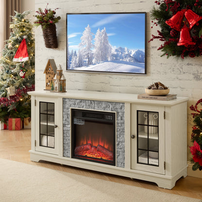 58-inch modern TV stand with electric fireplace, light wood finish, glass-front storage on Tampa Home & Garden Store
