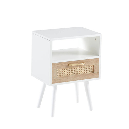 15.75in white end table with drawer, solid wood legs, rattan panel, modern accent nightstand on Tampa Home & Garden Store