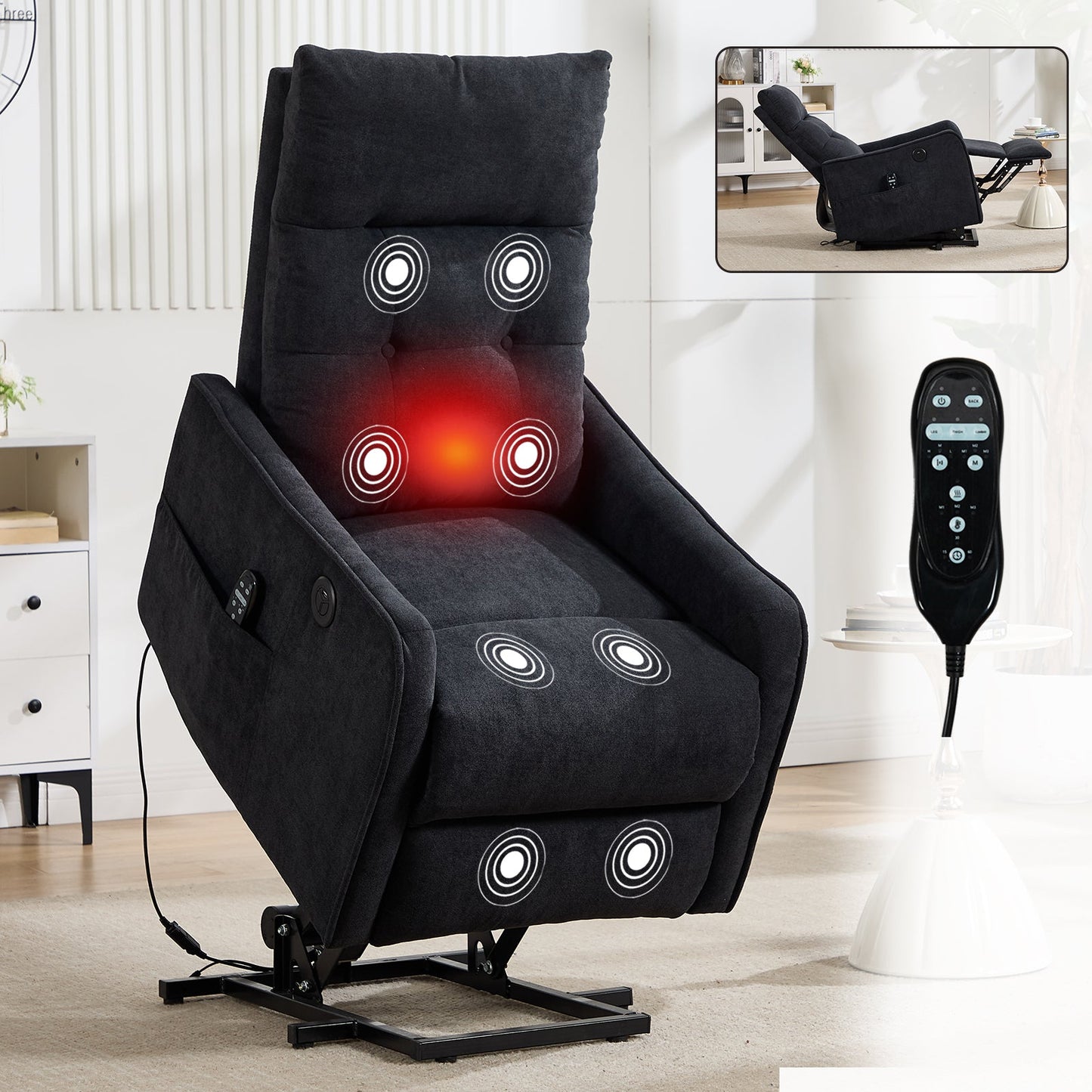 Black Chenille single-motor power lift recliner chair with massage nodes and remote on Tampa Home & Garden Store