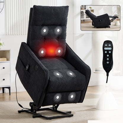 Black Chenille single-motor power lift recliner chair with massage nodes and remote on Tampa Home & Garden Store