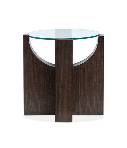 Beckham end table round glass top atop dark stained wood base with curved metal accents on Tampa Home & Garden Store