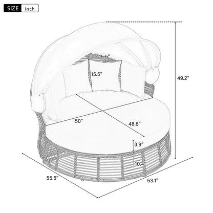 Patio Rattan Round Daybed and Retractable Canopy