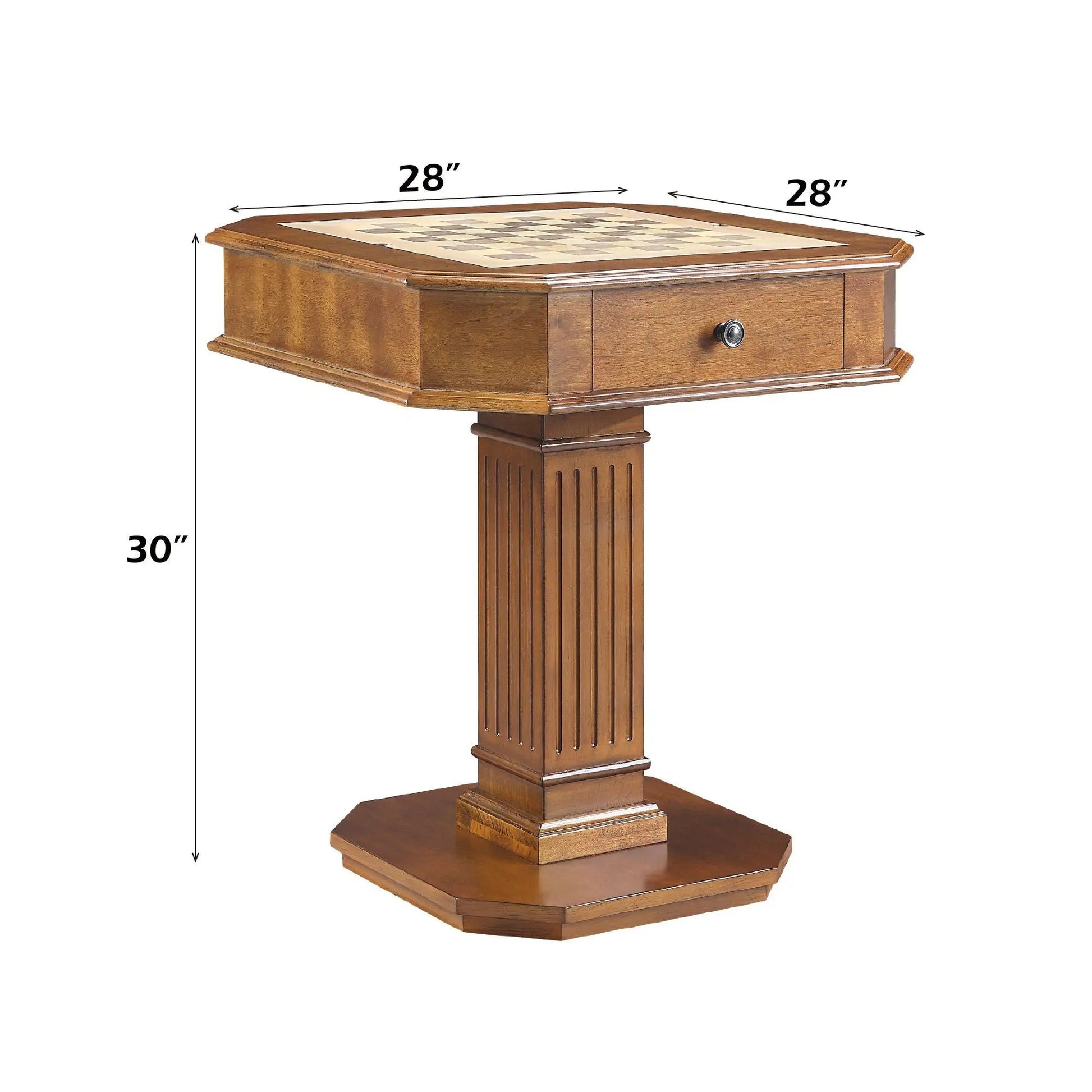 Galini walnut game table with 28x28 inlaid chessboard top and drawer on a pedestal base on Tampa Home & Garden Store