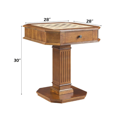 Galini walnut game table with 28x28 inlaid chessboard top and drawer on a pedestal base on Tampa Home & Garden Store