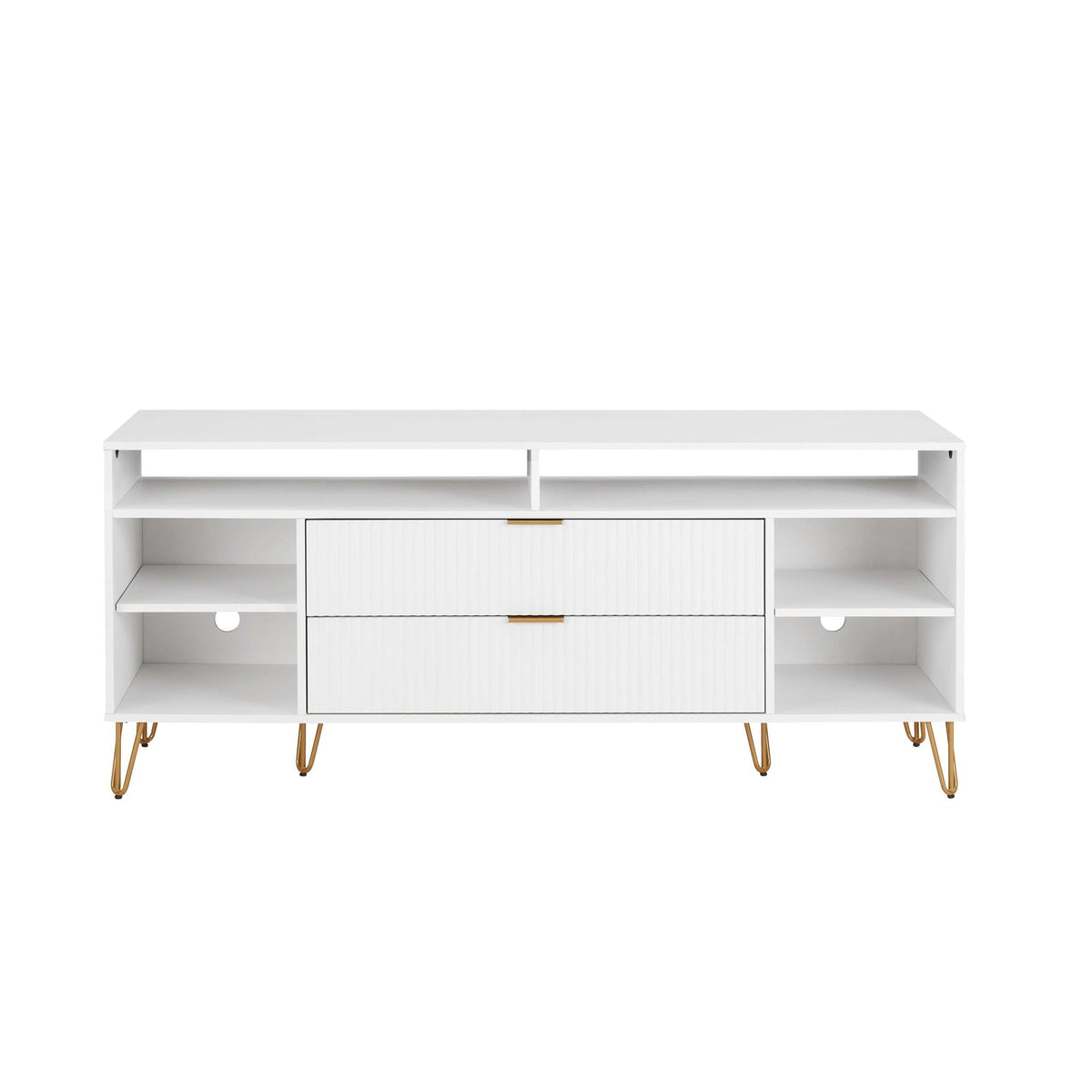 Fluted TV Stand with Storage and Metal Legs white finish gold hairpin legs HouseOfZazla on Tampa Home & Garden Store