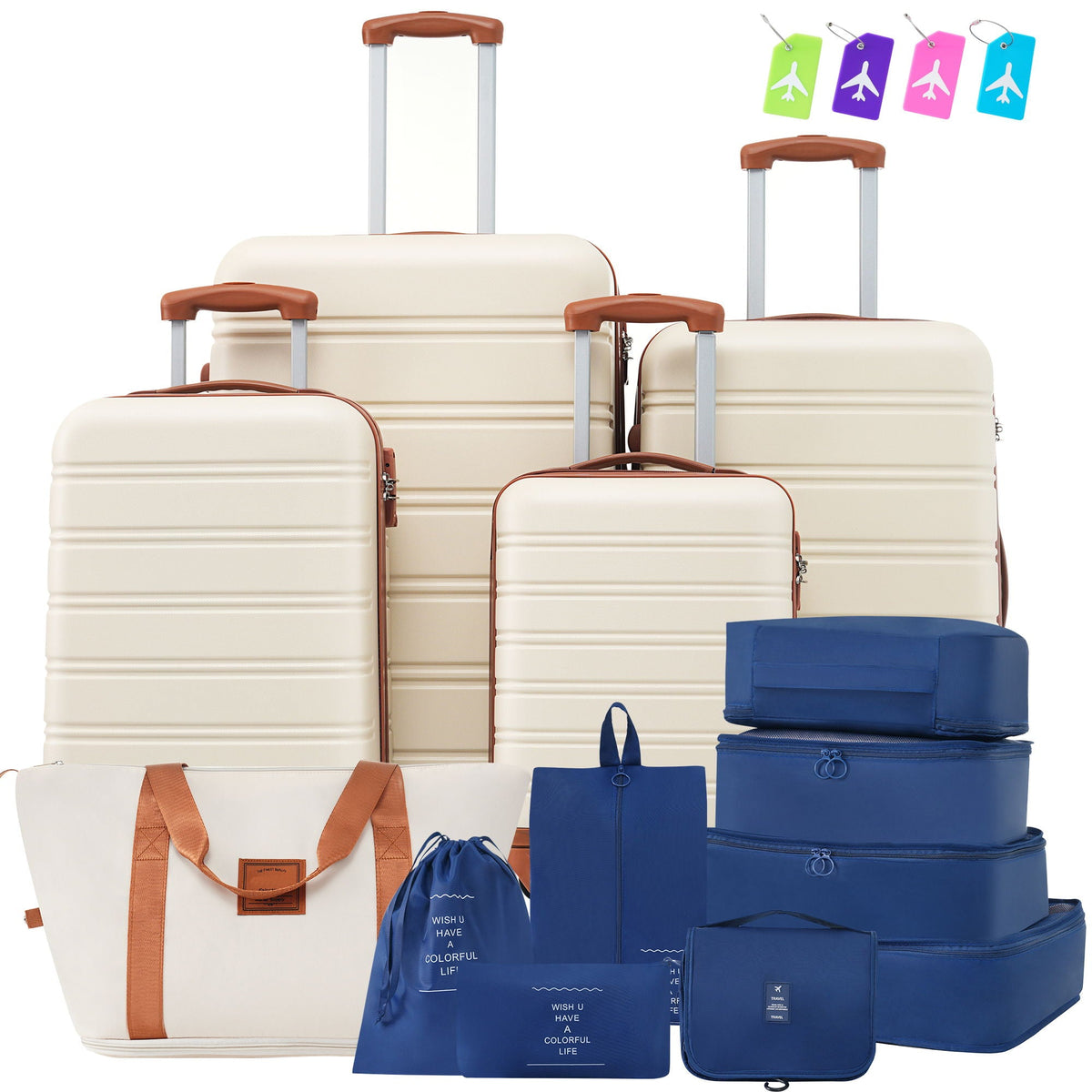 4-piece hardshell luggage set by HouseOfZazla with cream shells, brown handles, TSA lock on Tampa Home & Garden Store