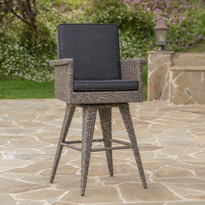 Outdoor Rattan Swivel Barstool And Black Cushion