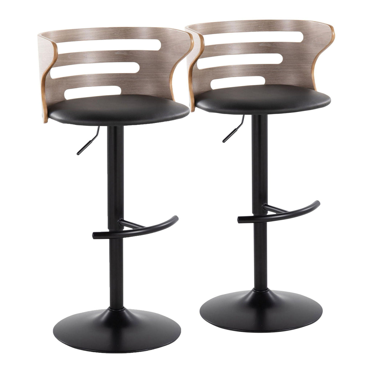 Barstool pair adjustable swivel stools with black seats and beige wood backs, rounded Tfootrests on Tampa Home & Garden Store