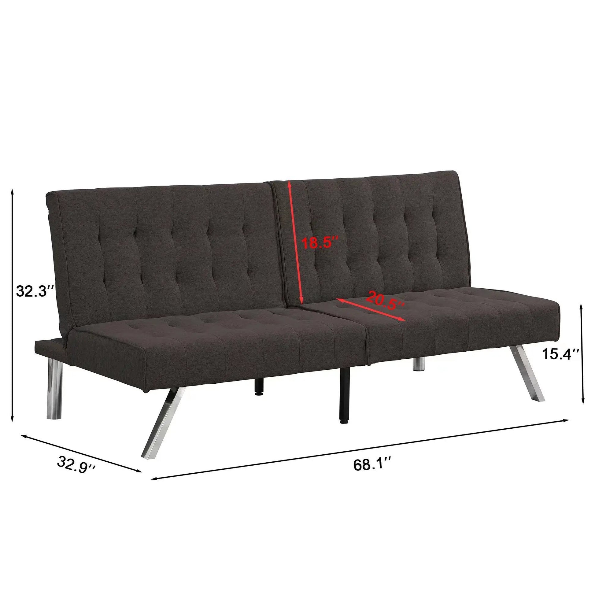 Futon sofa bed by Unique Piece Furniture, dark grey tufted fabric, chrome legs, 68.1 inches wide on Tampa Home & Garden Store