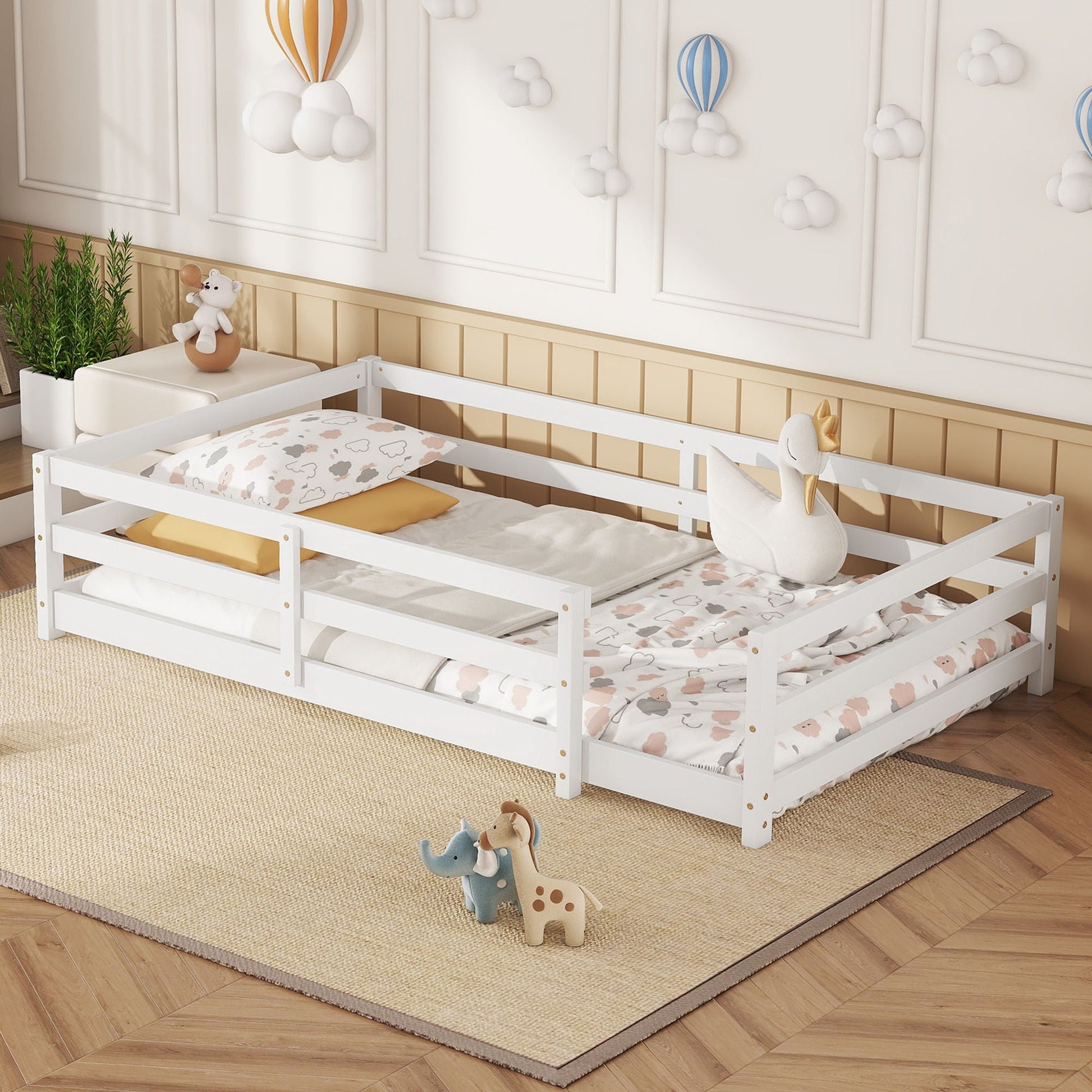 White twin Montessori floor bed with fence in a pastel nursery, HouseOfZazla panel bed on Tampa Home & Garden Store