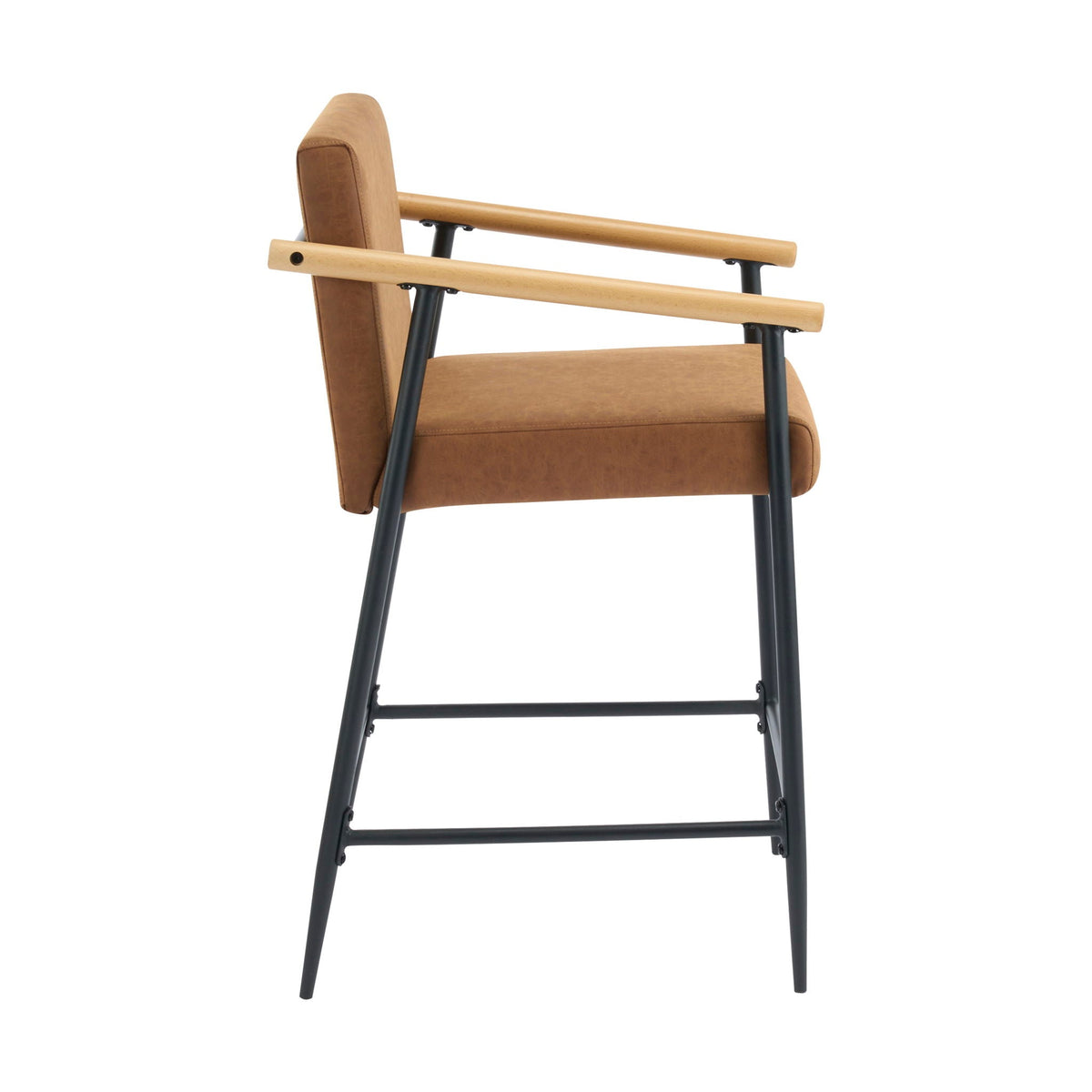 Mid Century Modern Counter Stool with Iron Frame, tan leather and light wood arms on Tampa Home & Garden Store