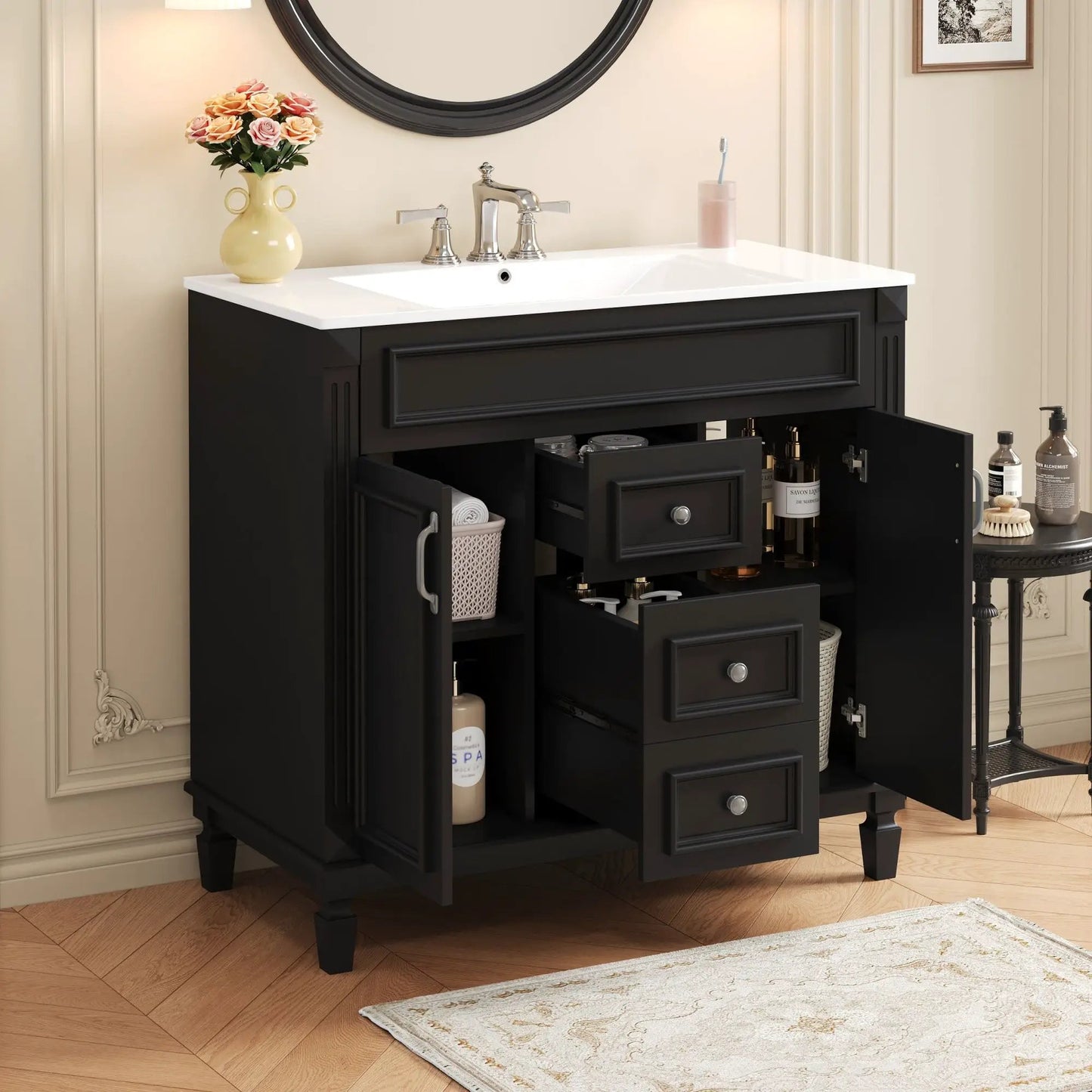 Bathroom vanity with top sink, black cabinet, white top, Unique Piece Furniture on Tampa Home & Garden Store