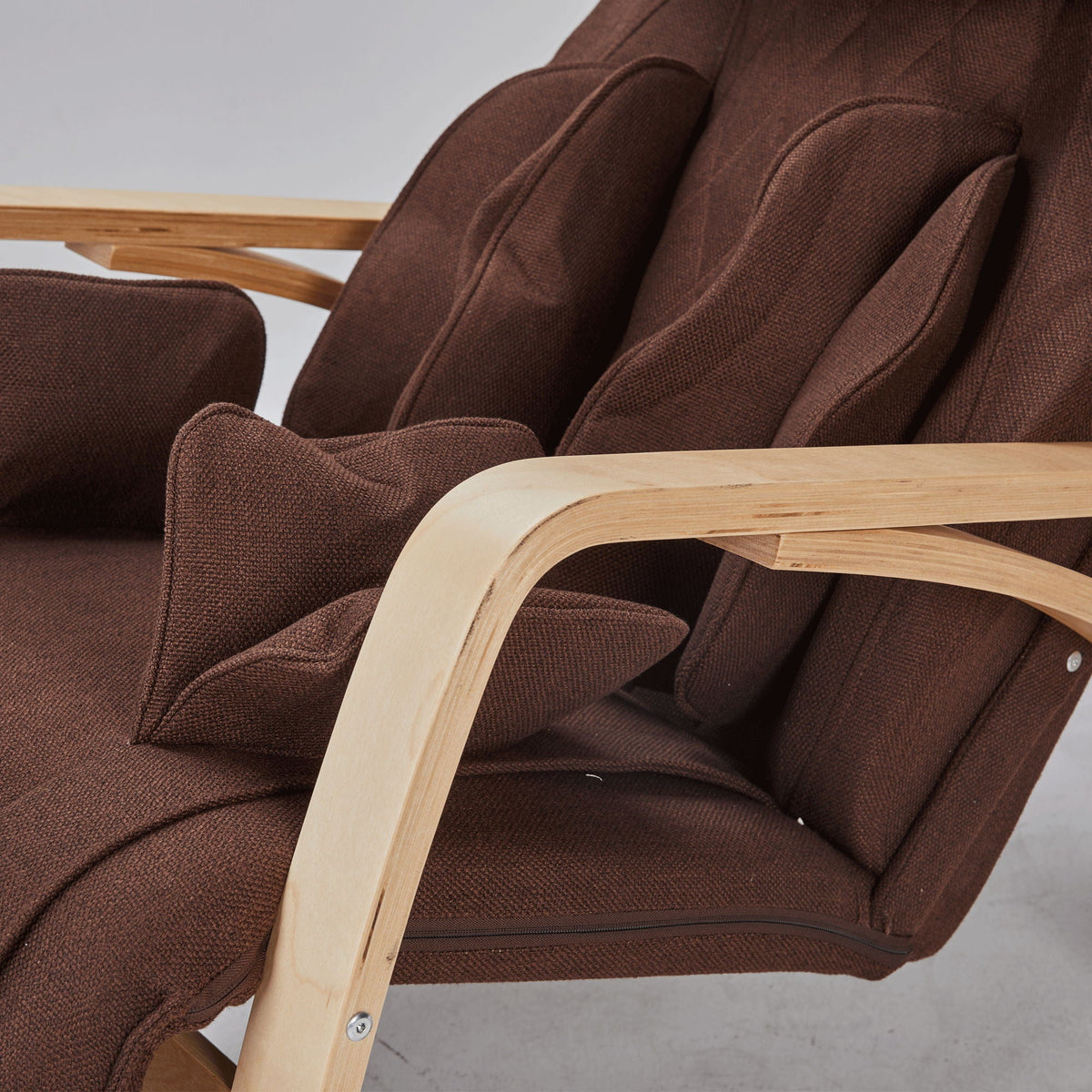 Massage rocking chair with brown fabric cushions and light wood curved arms HouseOfZazla baby rocker on Tampa Home & Garden Store
