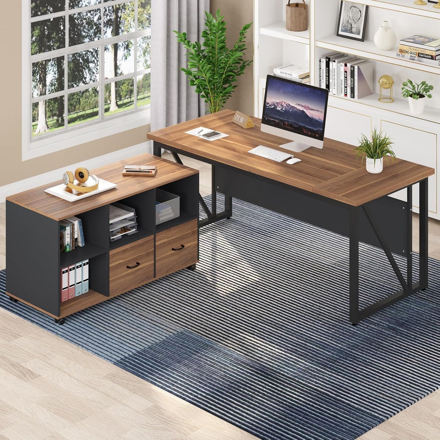 L-Shaped executive desk with mobile file cabinet in brown wood top and black frame on Tampa Home & Garden Store