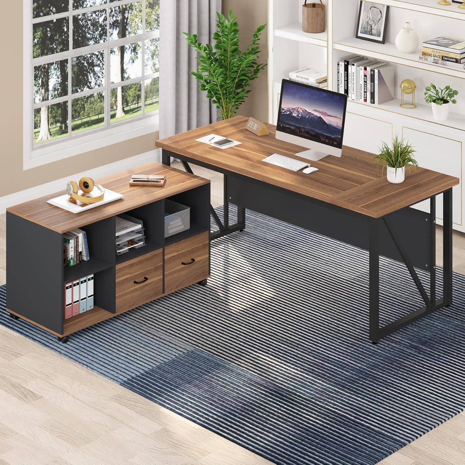 L-Shaped executive desk with mobile file cabinet in brown wood top and black frame on Tampa Home & Garden Store