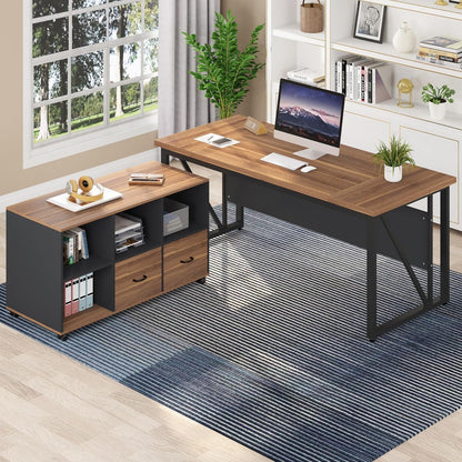 L-Shaped executive desk with mobile file cabinet in brown wood top and black frame on Tampa Home & Garden Store