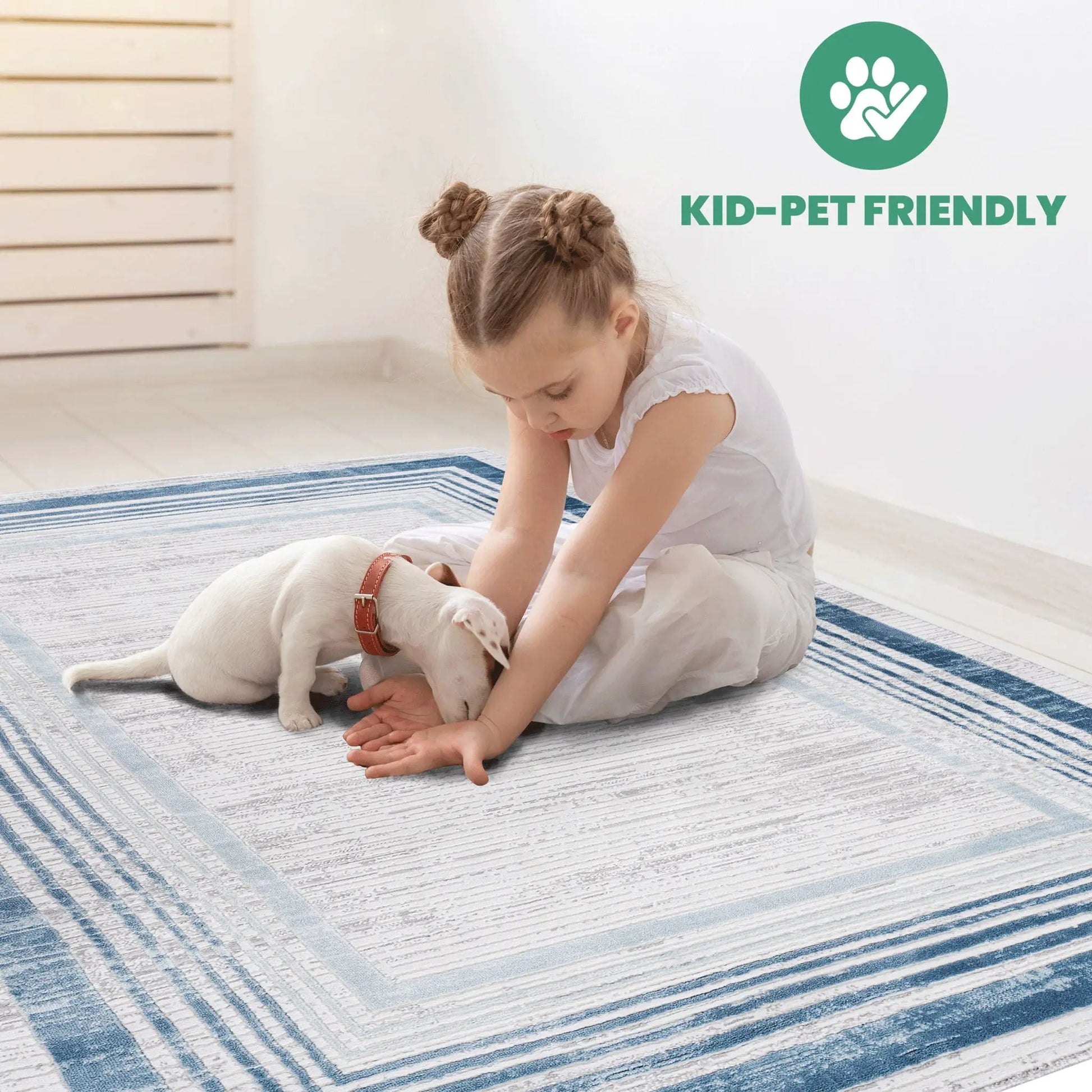 Marfi bordered area rug, blue-gray stripes, kid-pet friendly, Unique Piece Furniture on Tampa Home & Garden Store