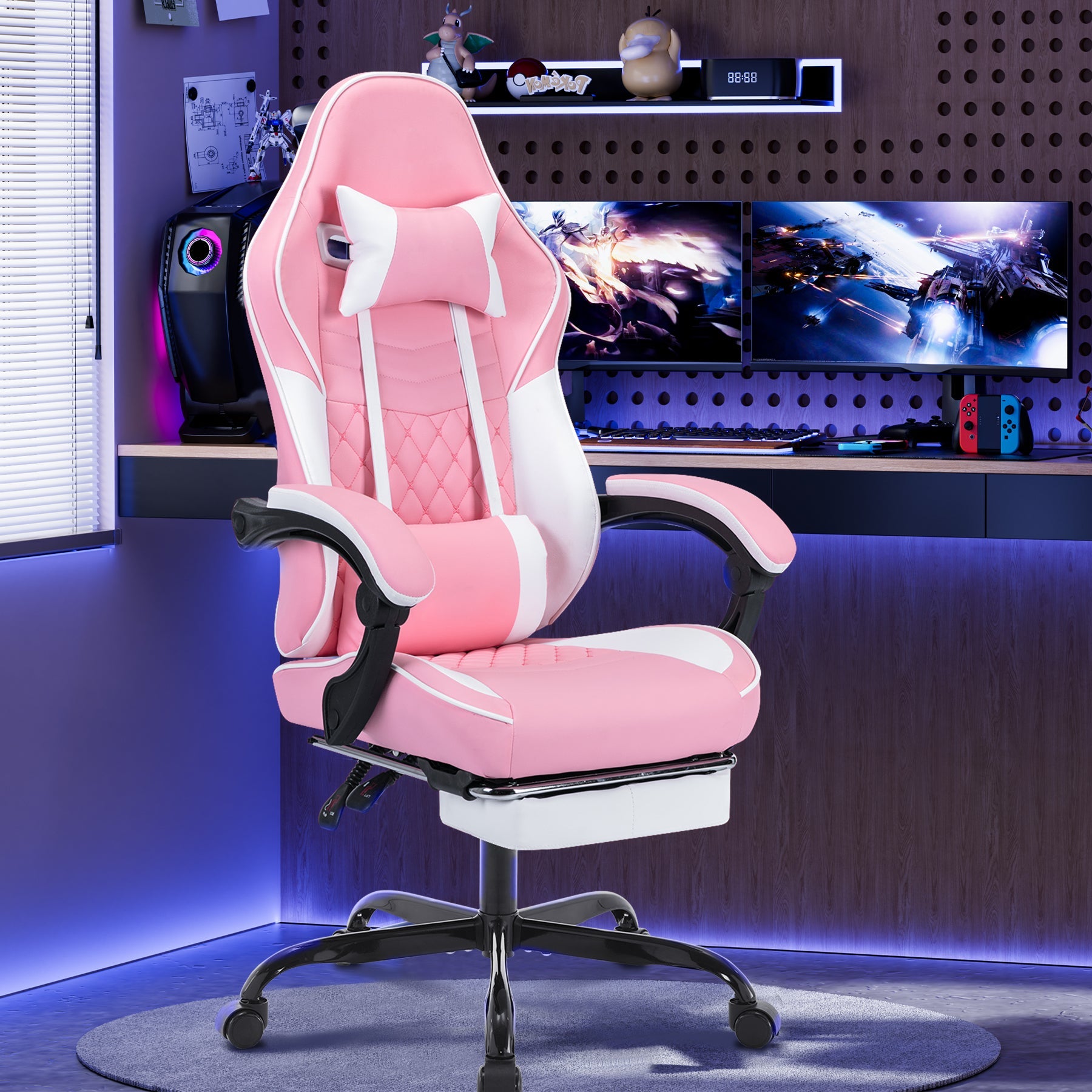 Ergonomic Video Gamer Chair with Massage Lumbar Support pink/white, quilted seat HouseOfZazla on Tampa Home & Garden Store