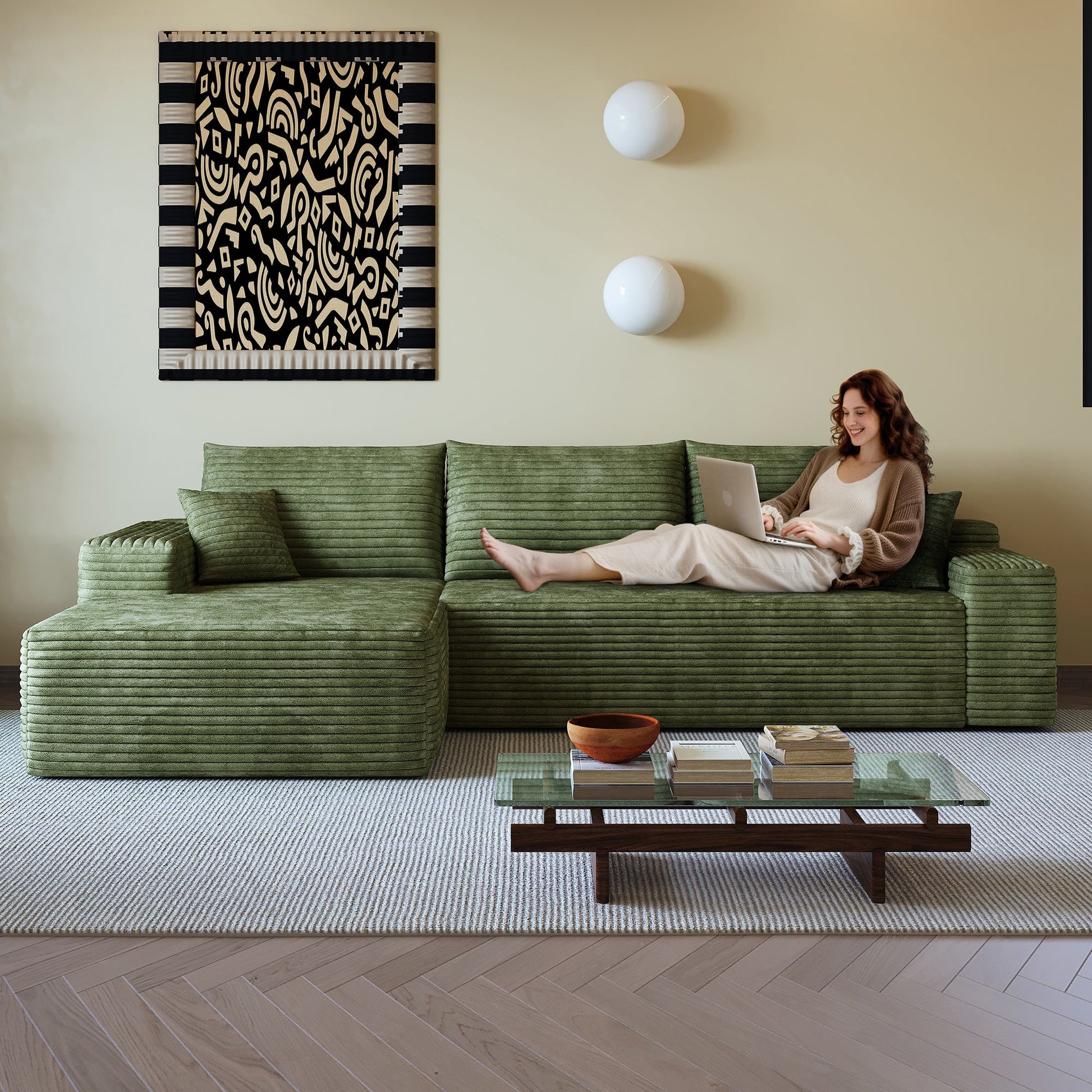 107in Cloud Sectional Couch with L-Shape Chaise, green fabric upholstery by HouseOfZazla on Tampa Home & Garden Store