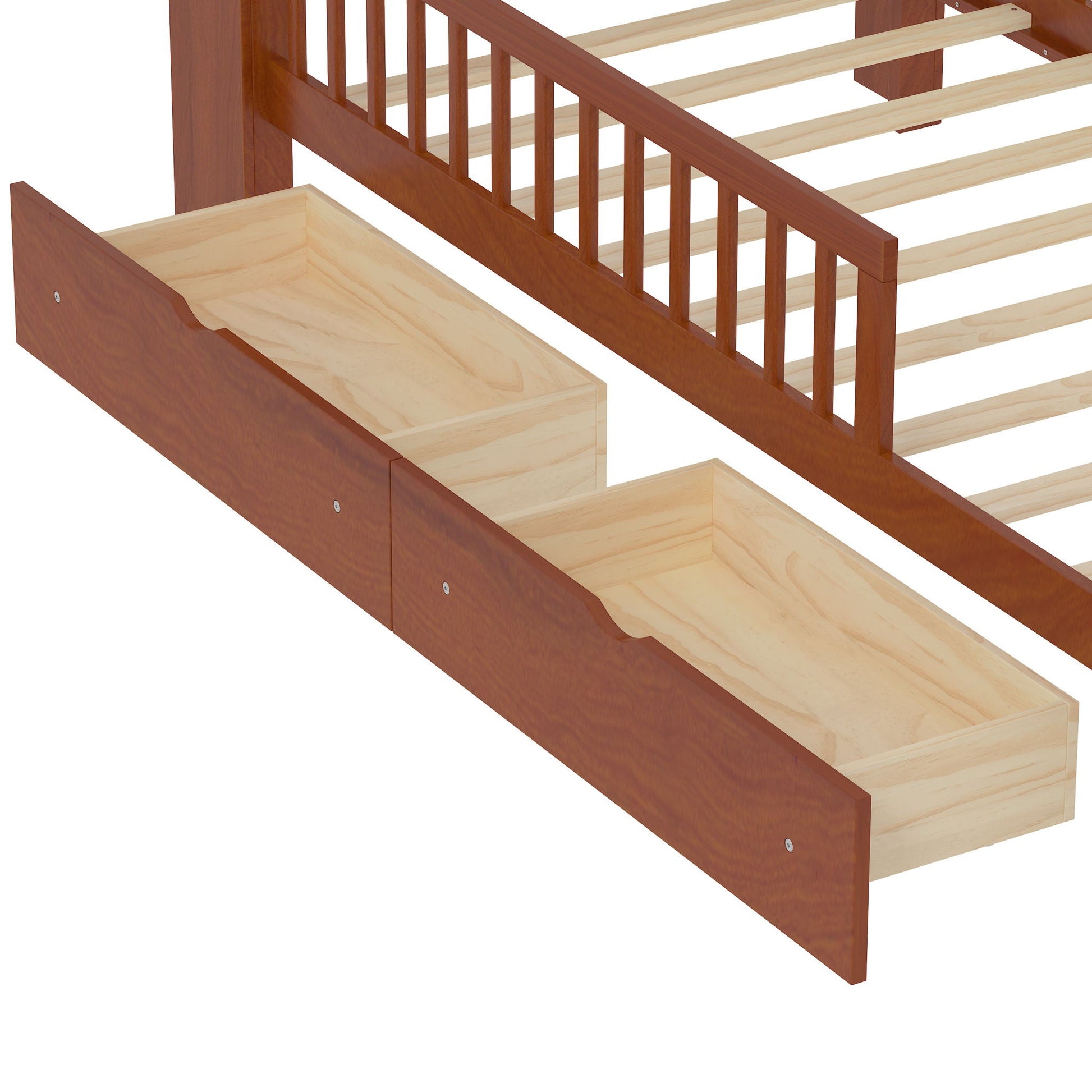 Bed with headboard storage rack, 2 under-bed drawers and 3 side guardrails in warm wood finish on Tampa Home & Garden Store