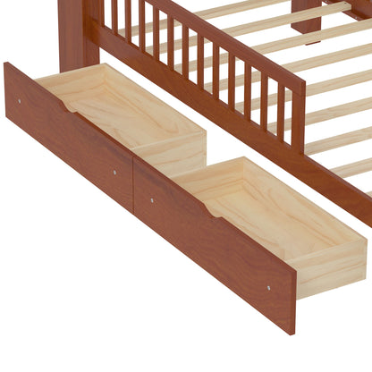 Bed with headboard storage rack, 2 under-bed drawers and 3 side guardrails in warm wood finish on Tampa Home & Garden Store