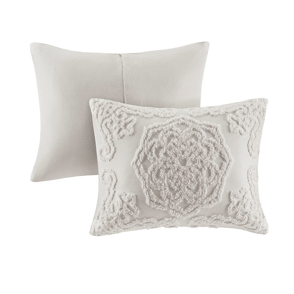 Decorative pillows 2 ivory, one with tufted cotton chenille medallion design on Tampa Home & Garden Store