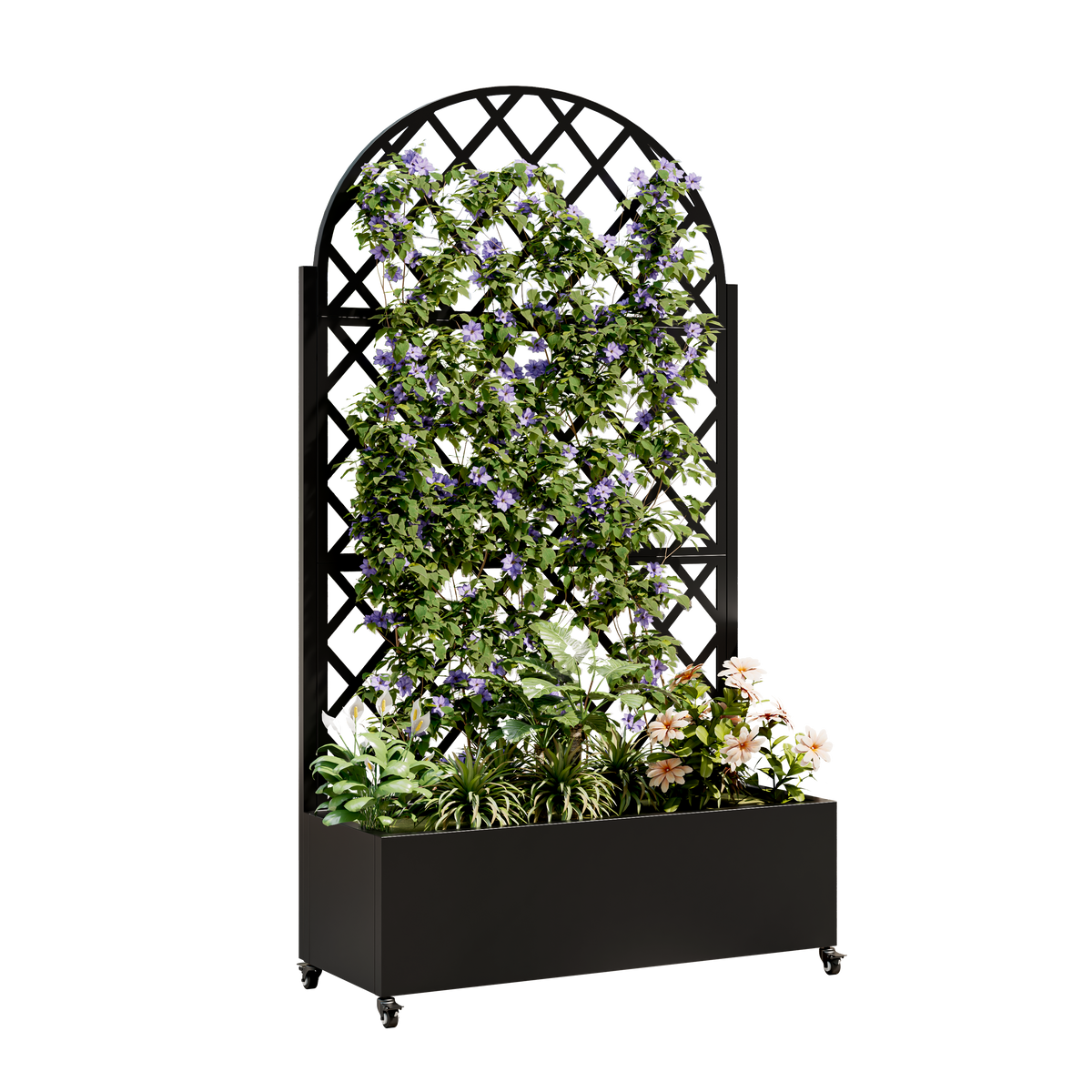 Round black metal planter on wheels with lattice trellis and purple flowers HouseOfZazla on Tampa Home & Garden Store
