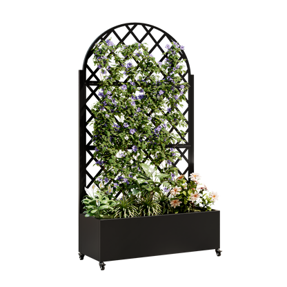 Round black metal planter on wheels with lattice trellis and purple flowers HouseOfZazla on Tampa Home & Garden Store