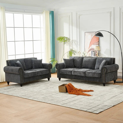 3 Seater sofa tufted upholstery, rolled arms, nailhead trim in dark gray by Unique Piece on Tampa Home & Garden Store