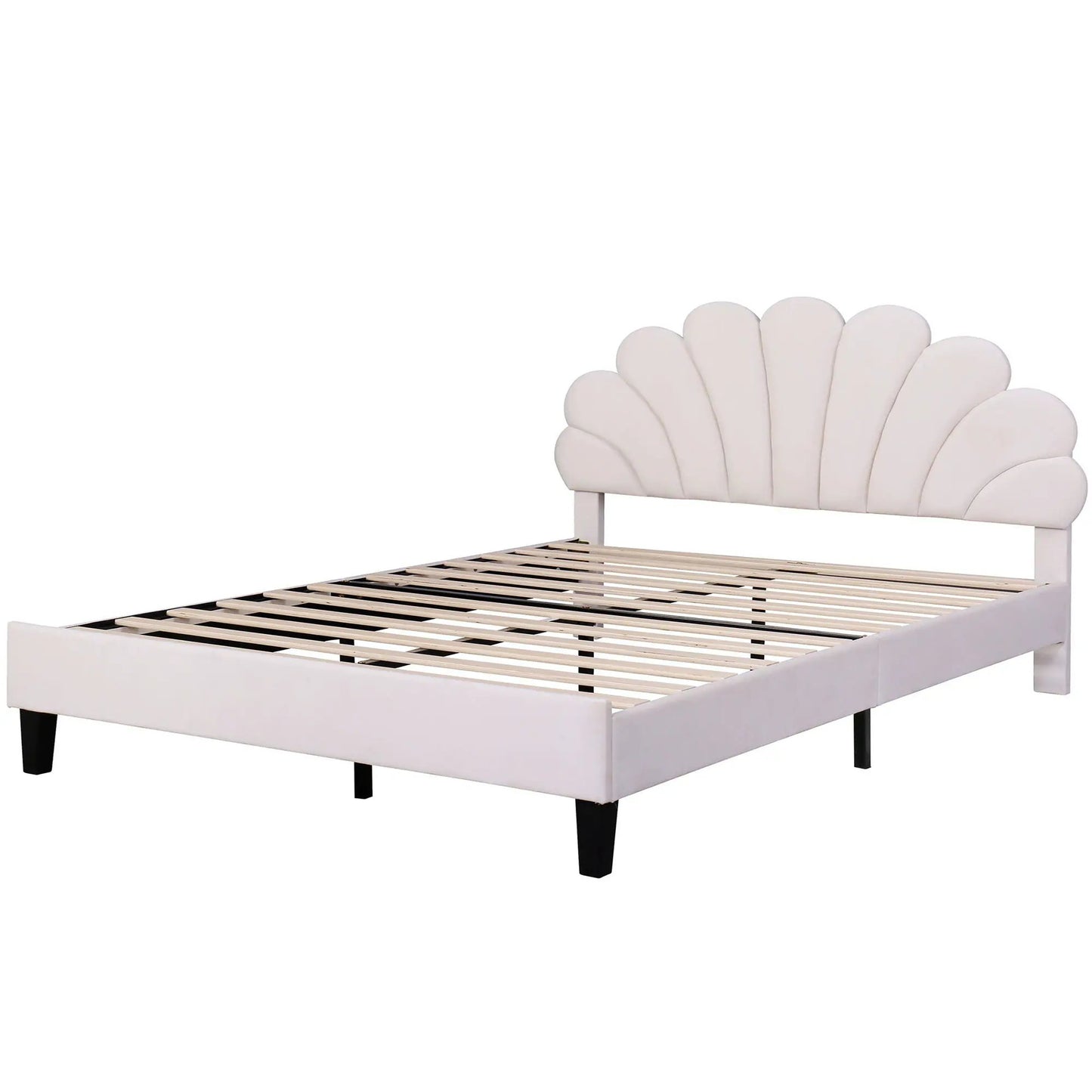 Upholstered platform bed with white petal-shaped flower headboard and slatted base on Tampa Home & Garden Store