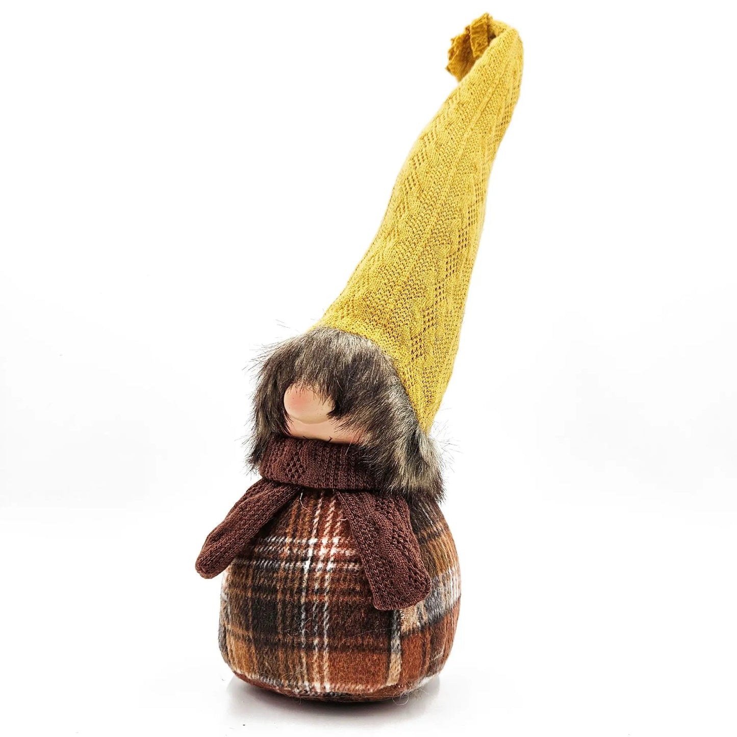 Two gnome decorations in brown and yellow knit outfits with fur trim for fall table decor on Tampa Home & Garden Store