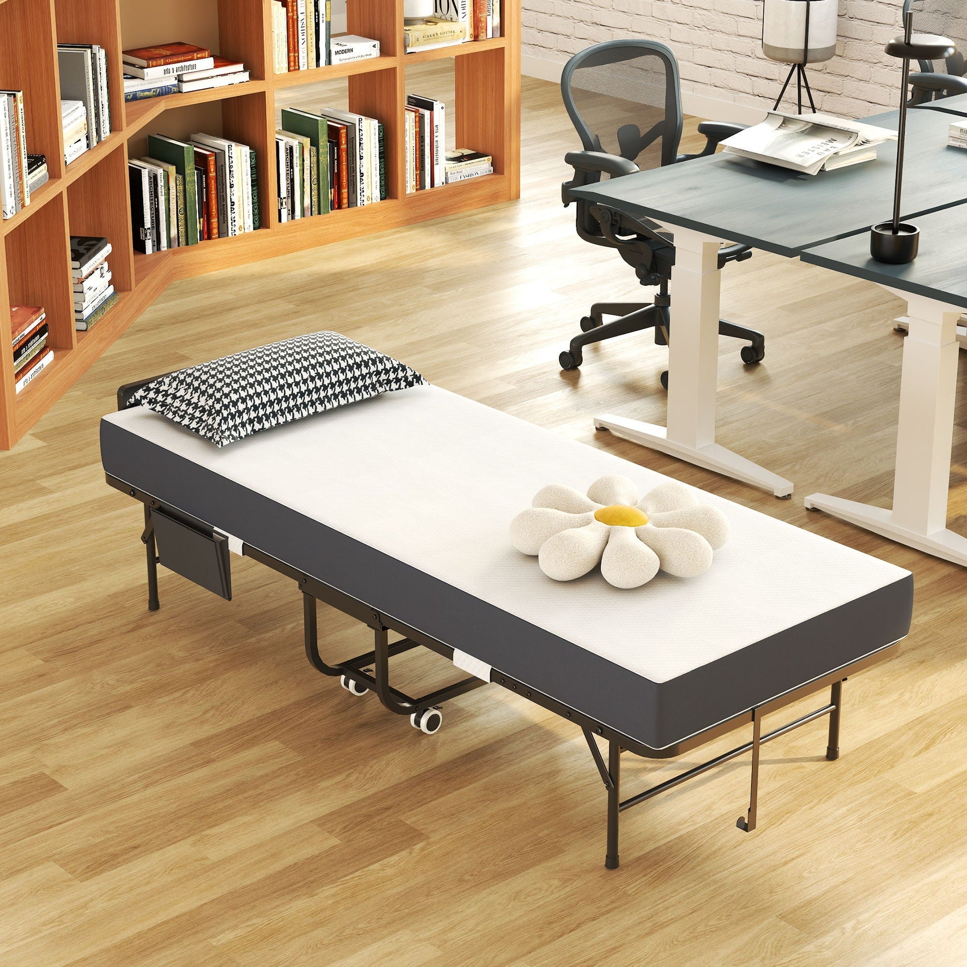 Twin folding bed with memory foam mattress, black wheeled frame, HouseOfZazla on Tampa Home & Garden Store