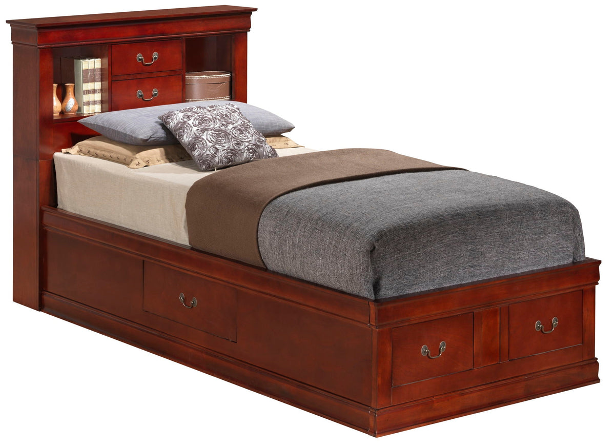Traditional Style Bookcase Storage Bed with headboard storage and drawers in dark cherry on Tampa Home & Garden Store
