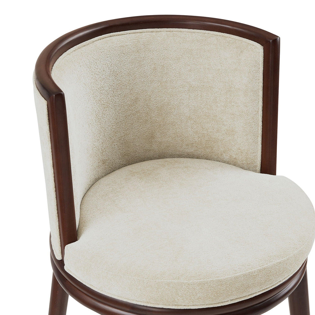 Evalyn Counter Stool by HouseOfZazla, beige upholstered seat with dark brown curved wood frame on Tampa Home & Garden Store