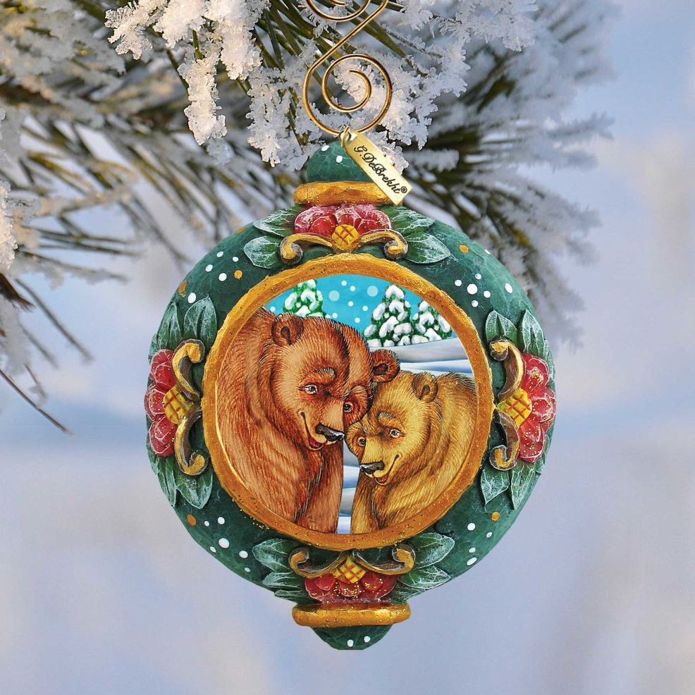 Grizzly Bear Sculpted Christmas Ornament by G.DeBrekht, ornament with gold frame bear scene on Tampa Home & Garden Store