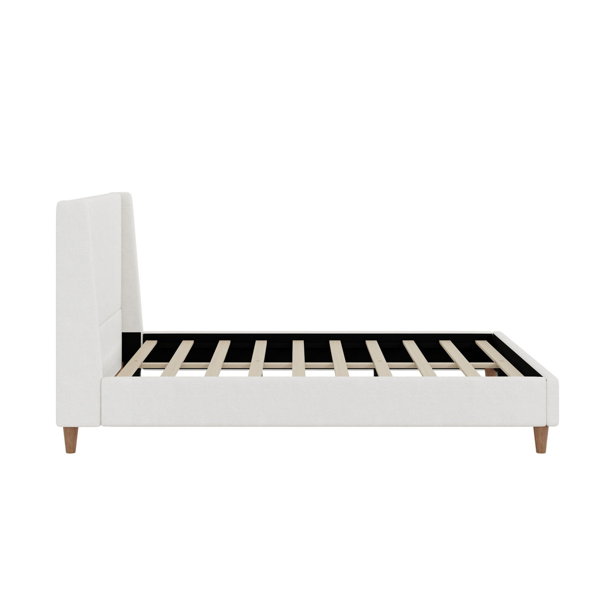 Upholstered platform bed with white wingback headboard, white frame and wooden legs on Tampa Home & Garden Store