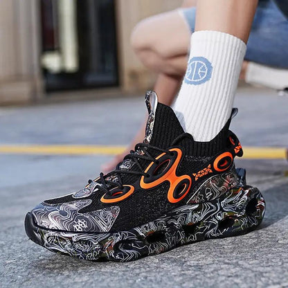 New Galaxy Blade sneaker by FLIPSTYLEZLLC, black knit upper with orange loops, marbled sole on Tampa Home & Garden Store