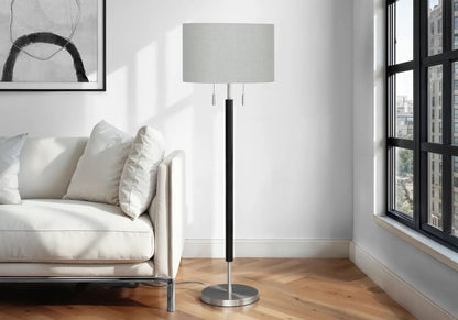 Floor Lamp Lighting - Black with gray fabric shade and pull chains in a bright living room on Tampa Home & Garden Store