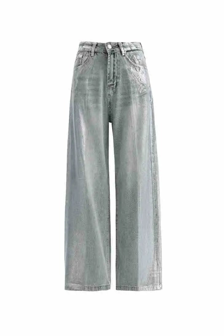 Wide-leg silver denim jeans by FLIPSTYLEZLLC, retro European American fashion on Tampa Home & Garden Store