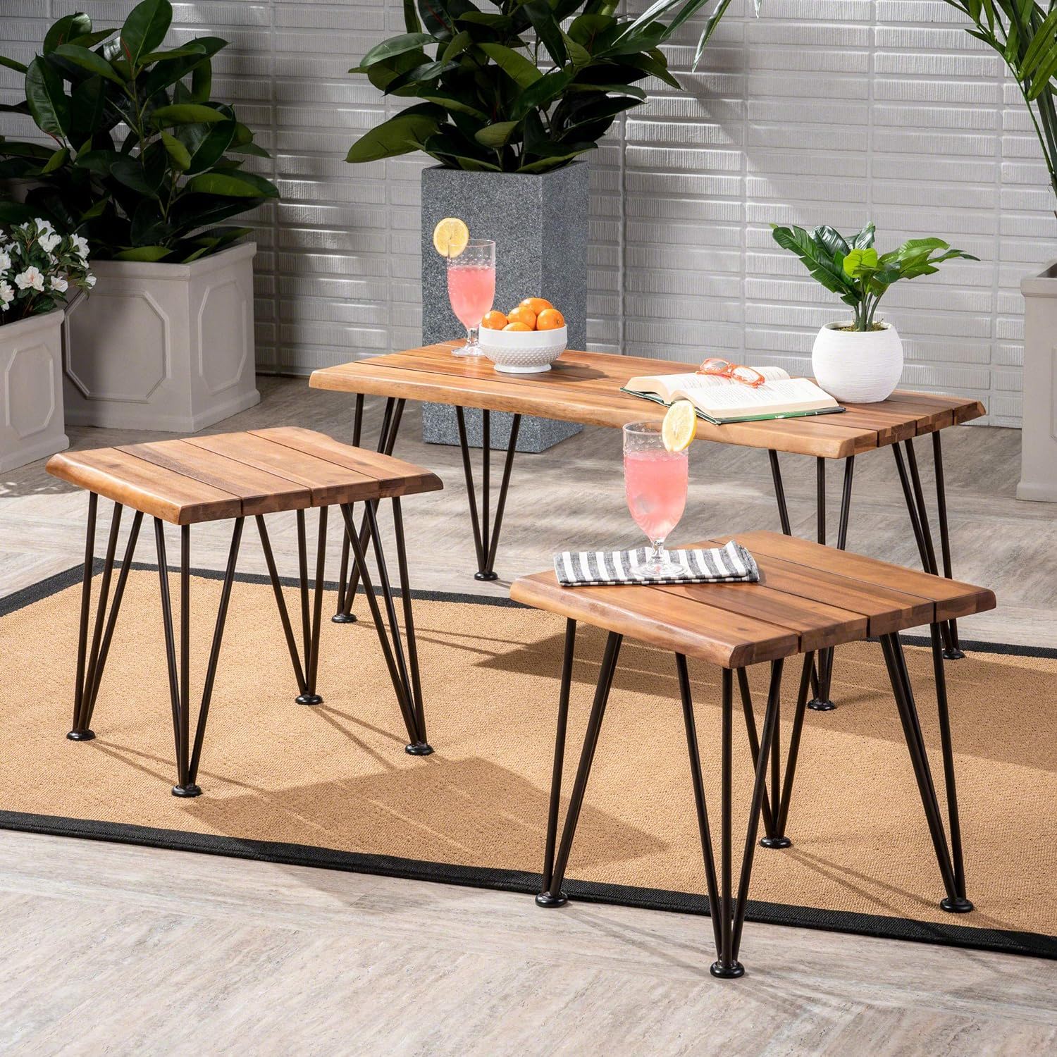 Zion Outdoor Industrial Iron Coffee Table and 2 Teak Side Tables set with black hairpin legs on Tampa Home & Garden Store