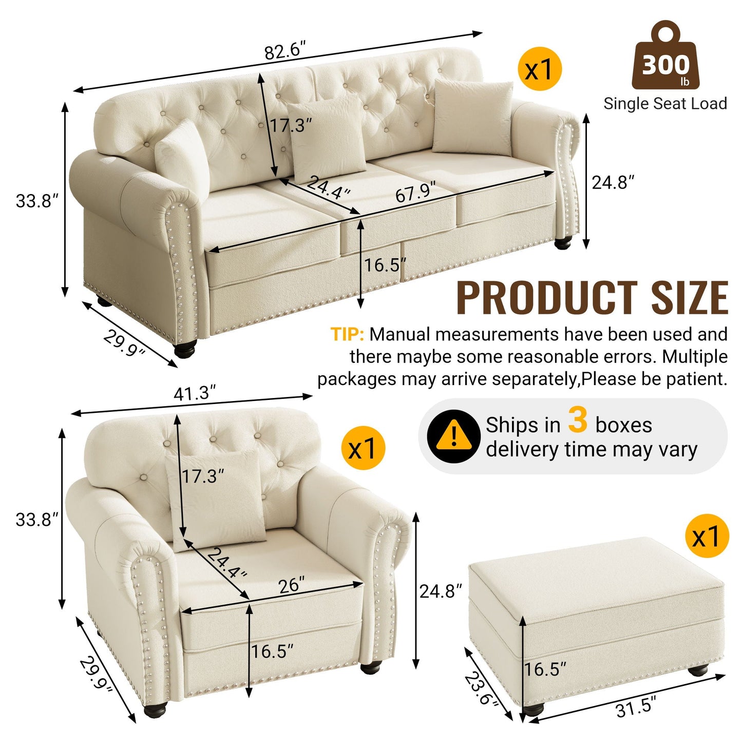 Upholstered Sofa Set with Nailhead and Pillows