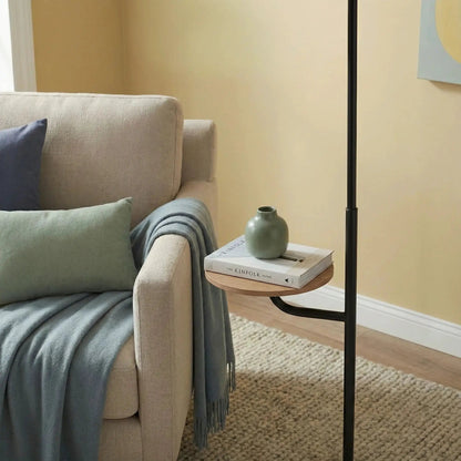 Seoul floor lamp with rotary switch and wood table base, black metal stem on Tampa Home & Garden Store