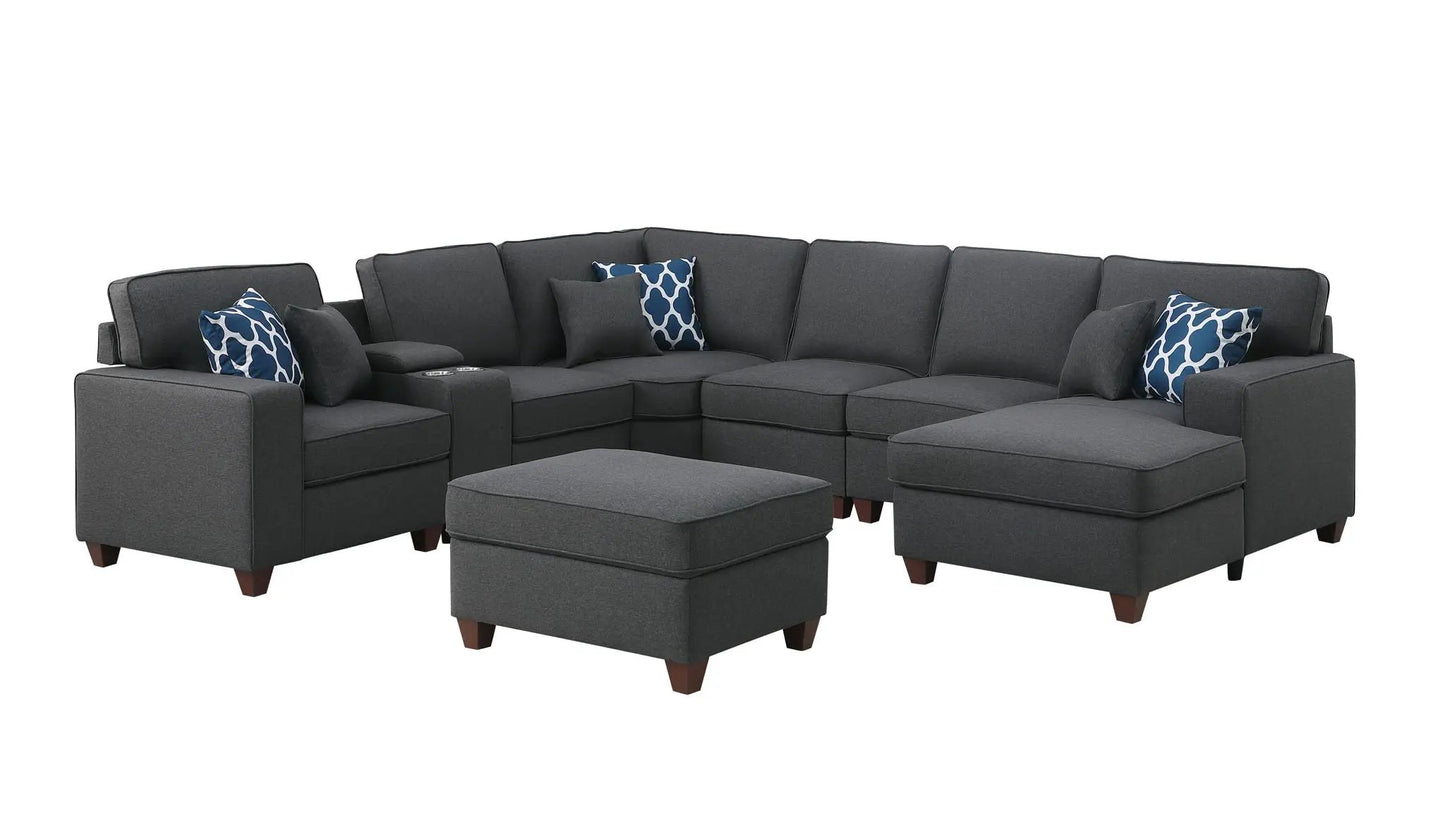 Tina 8-Piece Upholstered Sectional Ottoman dark gray fabric with blue cushions by Unique Piece on Tampa Home & Garden Store