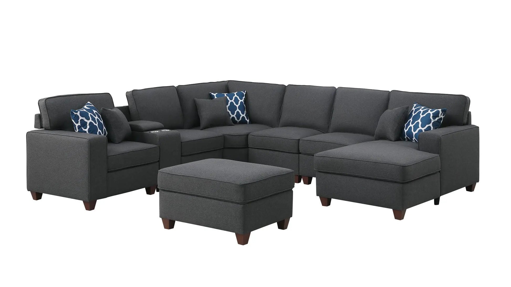 Tina 8-Piece Upholstered Sectional Ottoman dark gray fabric with blue cushions by Unique Piece on Tampa Home & Garden Store