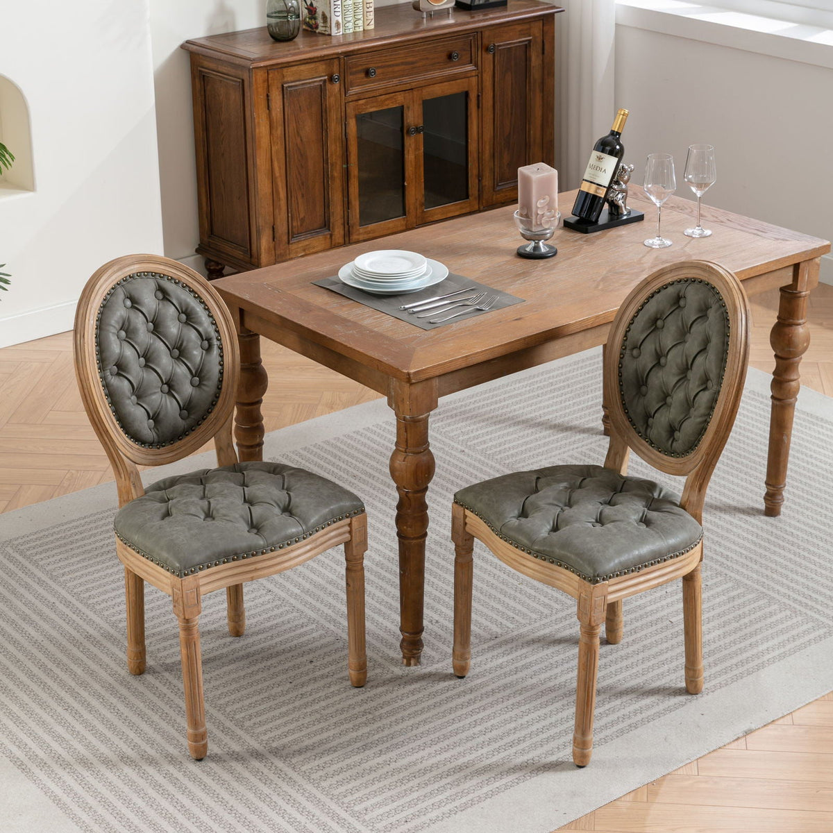 French style solid wood dining chair with tufted gray upholstery and nailhead trim set of four on Tampa Home & Garden Store