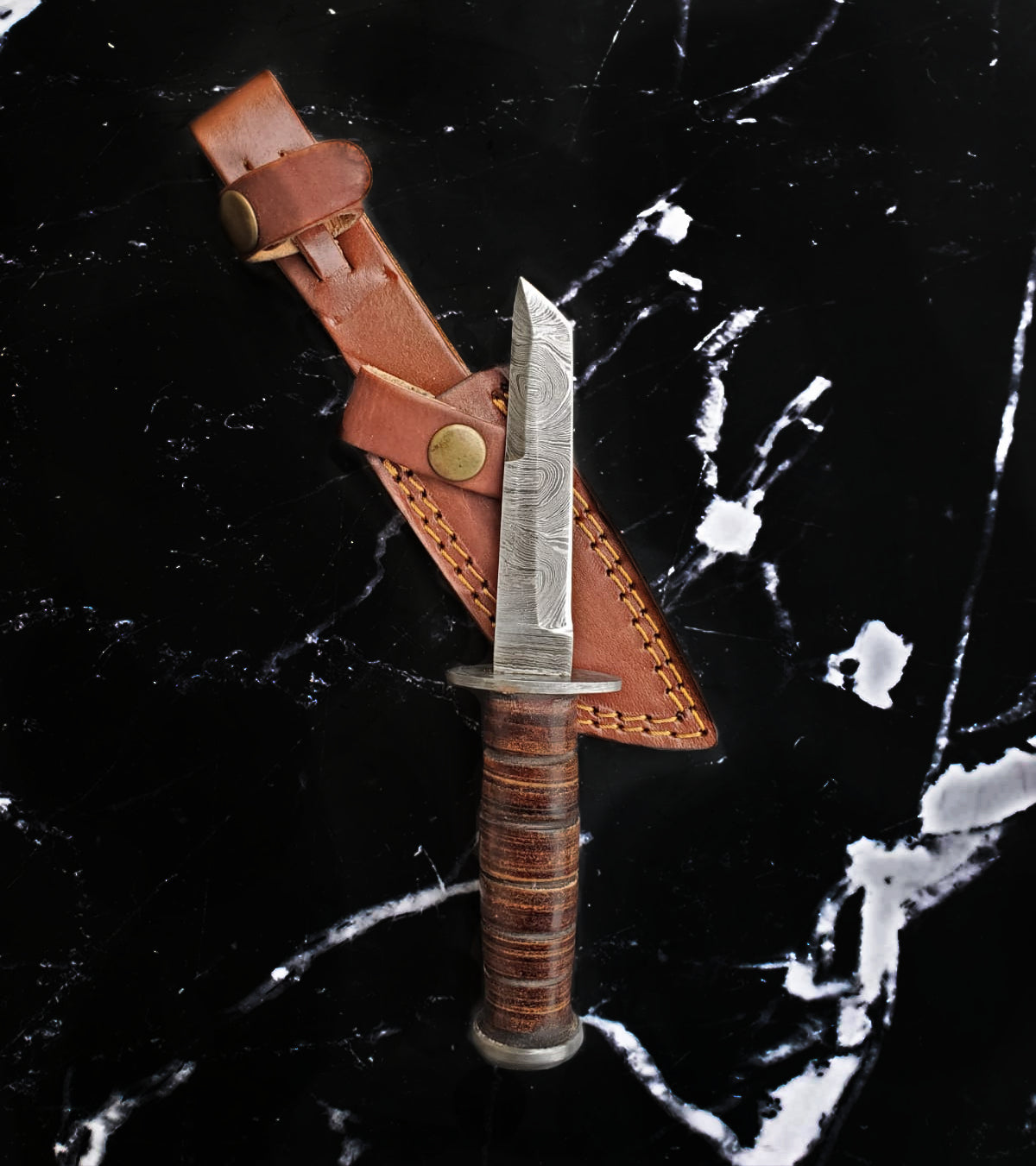 Titan Military Style Tanto knife with high carbon Damascus blade and stacked leather handle with brown leather sheath on Tampa Home & Garden Store