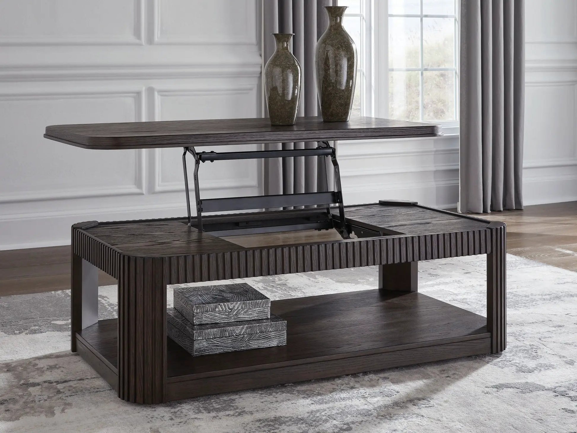 Carlibrie rectangular end table by Unique Piece Furniture in dark wood finish with ribbed sides on Tampa Home & Garden Store