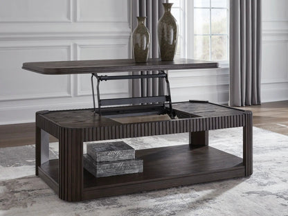 Carlibrie rectangular end table by Unique Piece Furniture in dark wood finish with ribbed sides on Tampa Home & Garden Store
